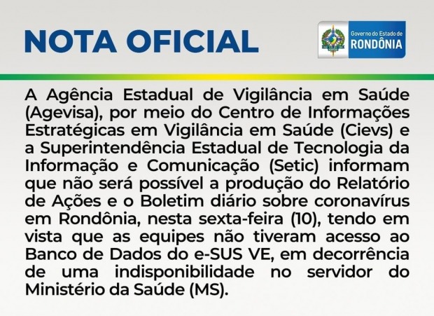 Governo de Rondônia não atualizou os dados de casos e mortes por Covid-19 nesta sexta-feira (10) (Foto: Agevisa)