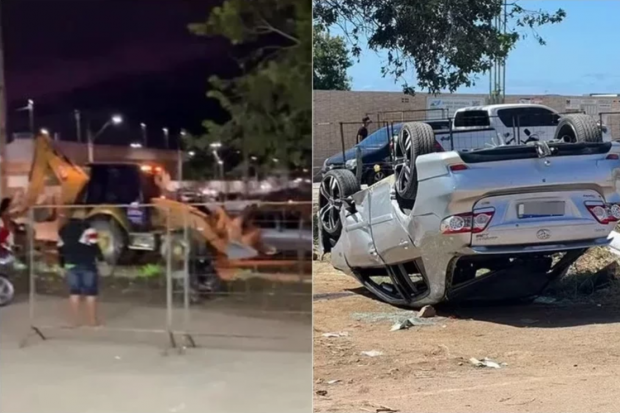 Homem em retroescavadeira arrasta carros e motos após festa no interior do Ceará e é preso