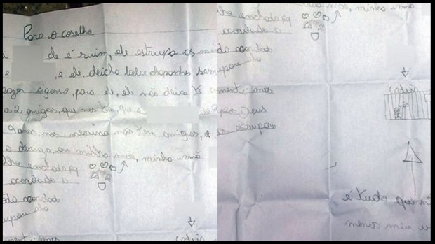 Menina escreveu carta e entregou para a professora, que denunciou ao Conselho Tutelar (Foto: Divulgação/PM) (Foto: Reprodução)