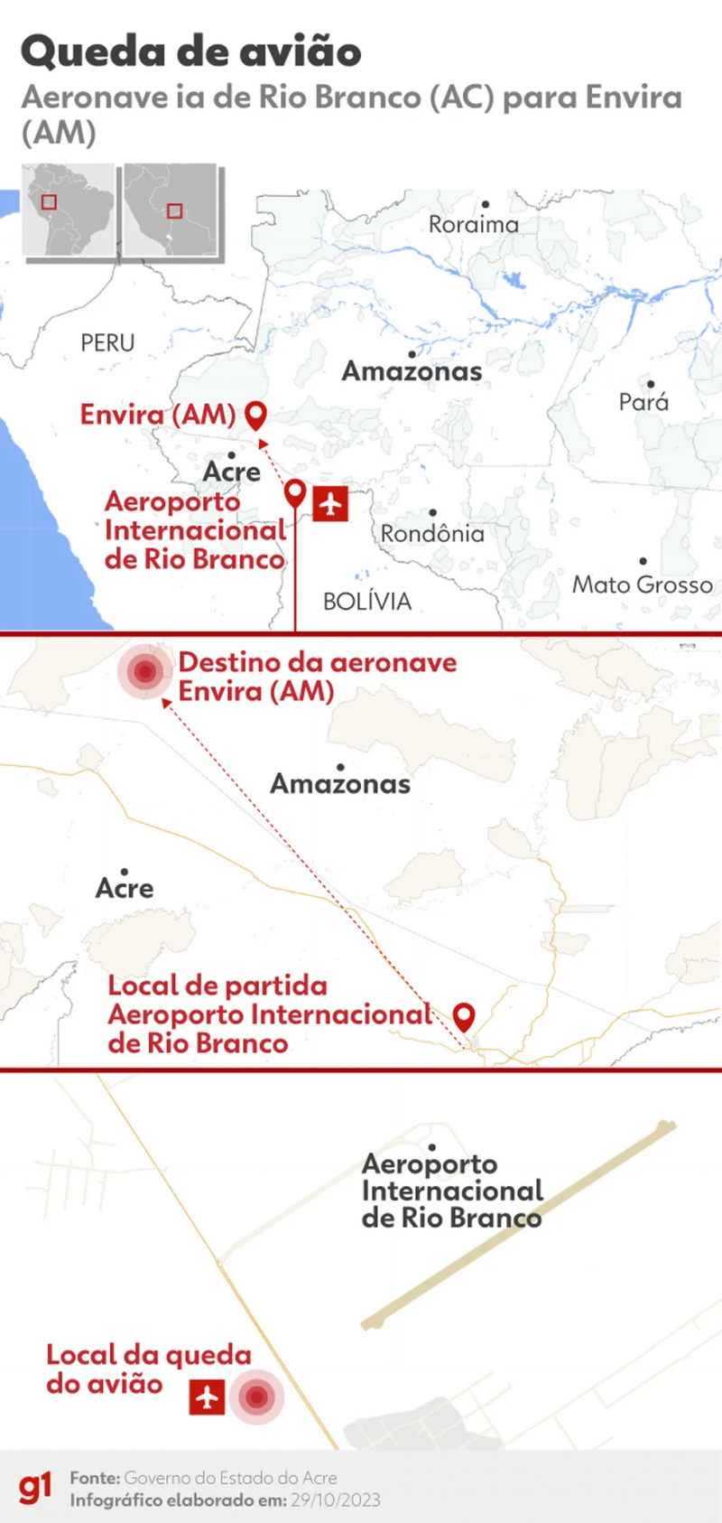 Veja a origem e o destino da aeronave que caiu em Rio Branco (AC). (Foto: Ighor Costa/g1)