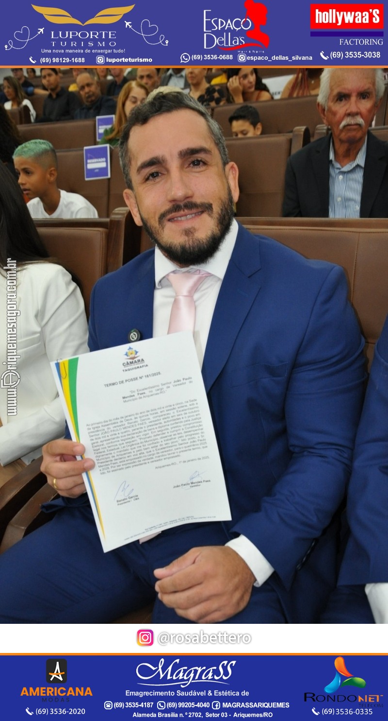 Sessão Solene de Posse vereadores, prefeita e vice-prefeito para o mandato 2025 - 2028 em Ariquemes Rondônia