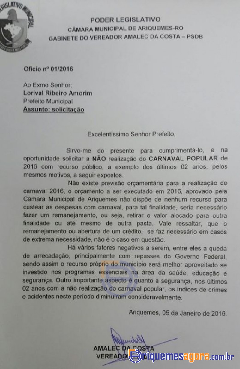 Ver. Amalec da Costa solicita ao prefeito não realizar Carnaval com dinheiro público