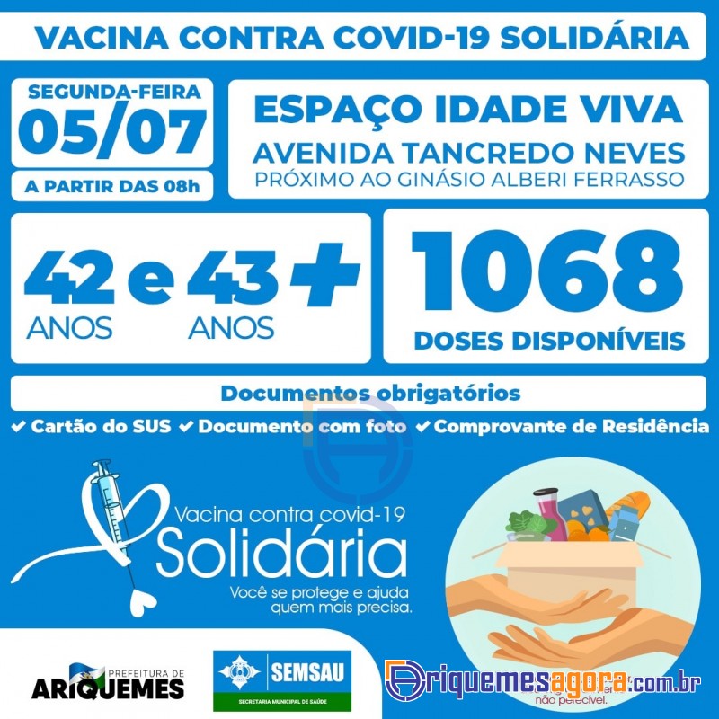 Vacina contra covid-19 Solidária! Para trabalhadores da Indústria, 42 anos + em Ariquemes