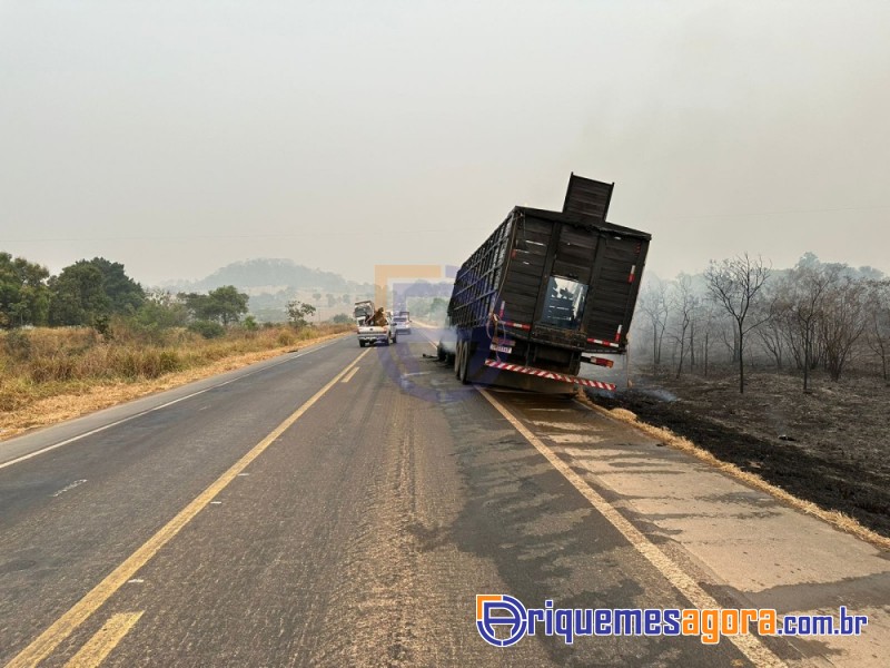 Caminhão boiadeiro pega fogo na BR-364 - VÍDEO